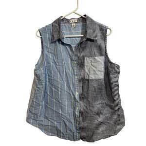 Dash Womens XL Sleeveless Button Up Shirt Vest Blue Striped Colorblock Cotton